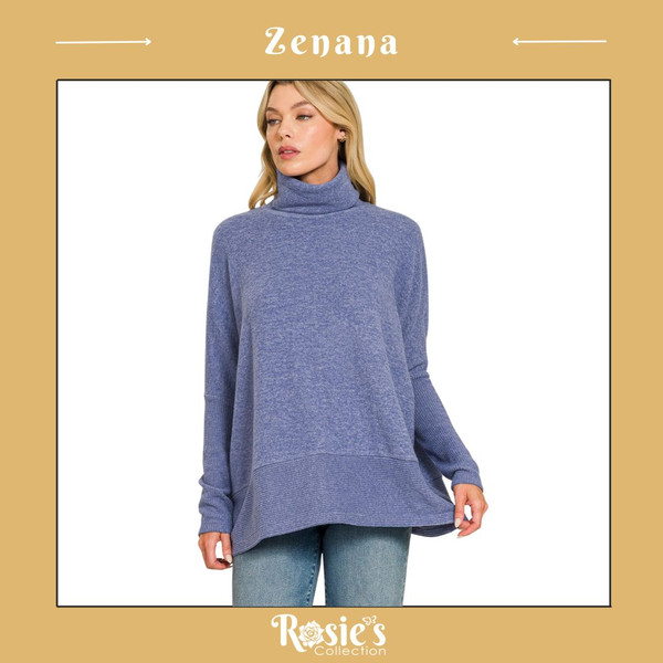 Zenana Brushed Melange Cowl Neck Sweater - Marlin