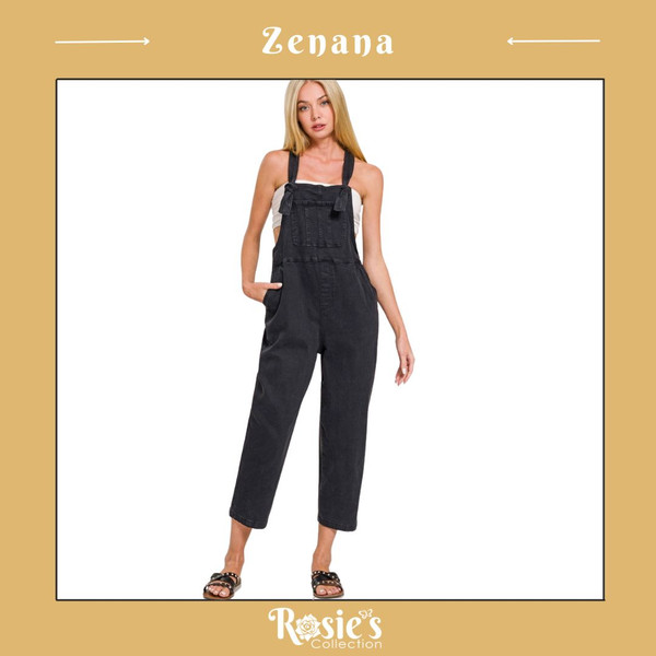 Zenana Washed Knot Strap Relaxed Overalls - Black