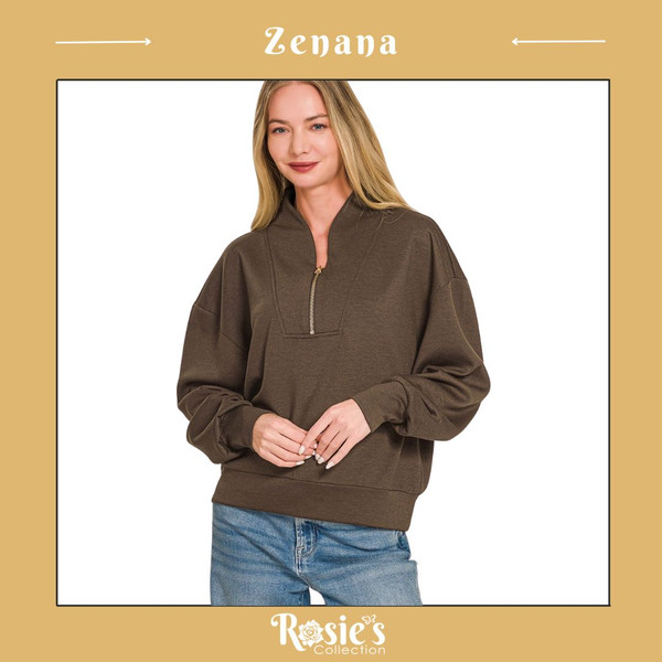 Zenana Scuba Half Zip Pullover - Espresso