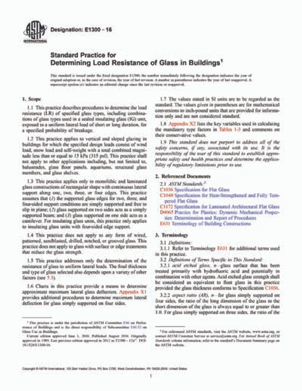 ASTM E1300-16a Standard Practice for Determining load Resistance of Glass in Building