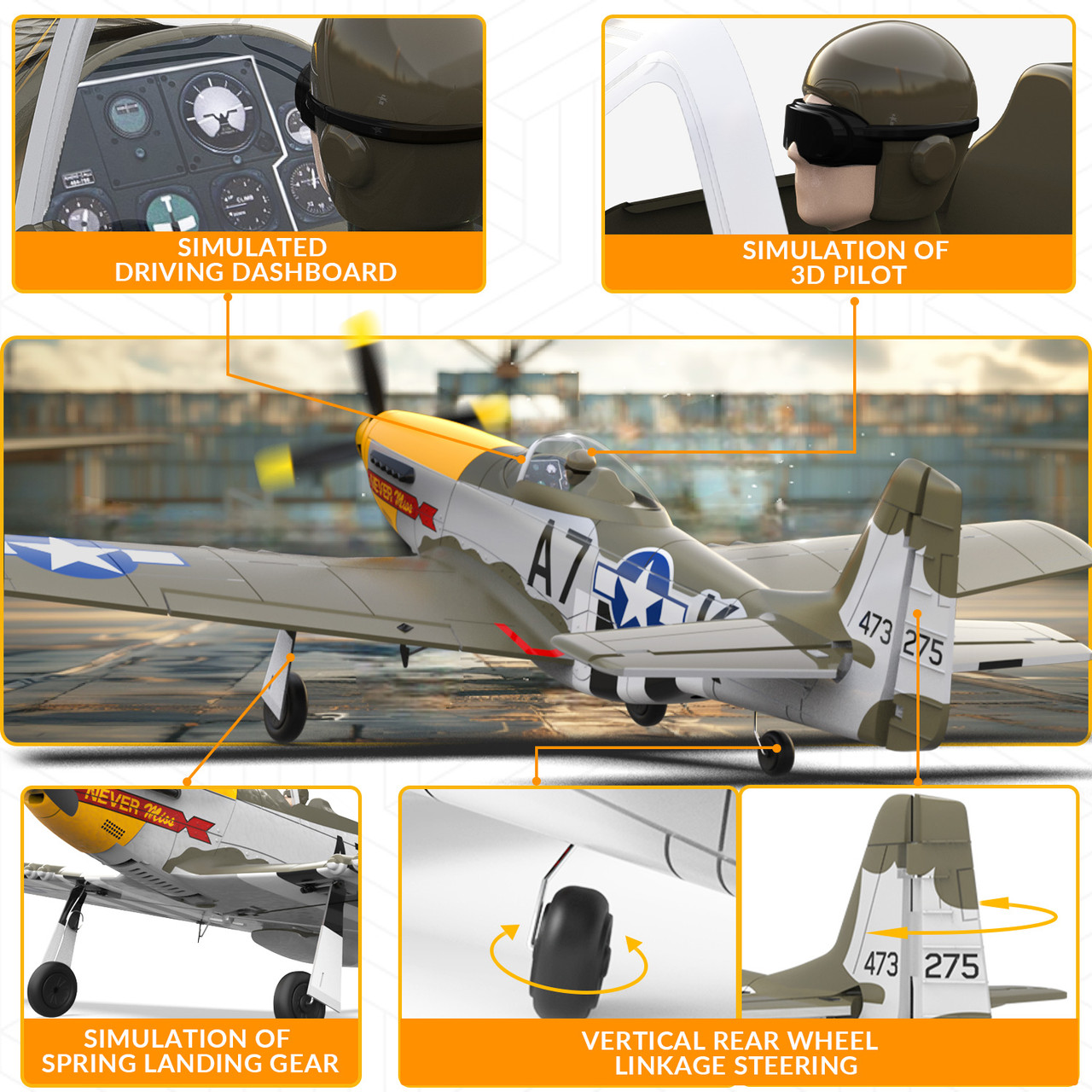VOLANTEXRC 500MM Brushless Mustang P51 RC Warbird Airplane with