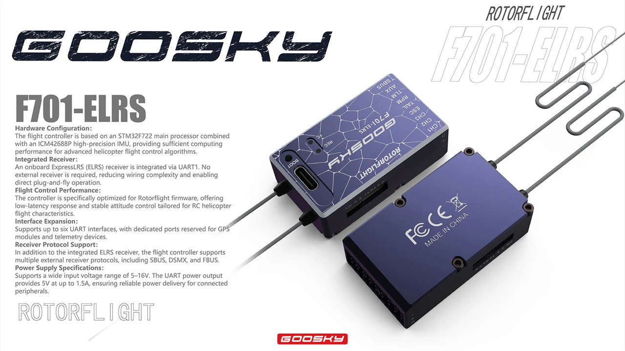 Goosky F701 ELRS Flight Controller Module for Over 500 Class RC helicopters