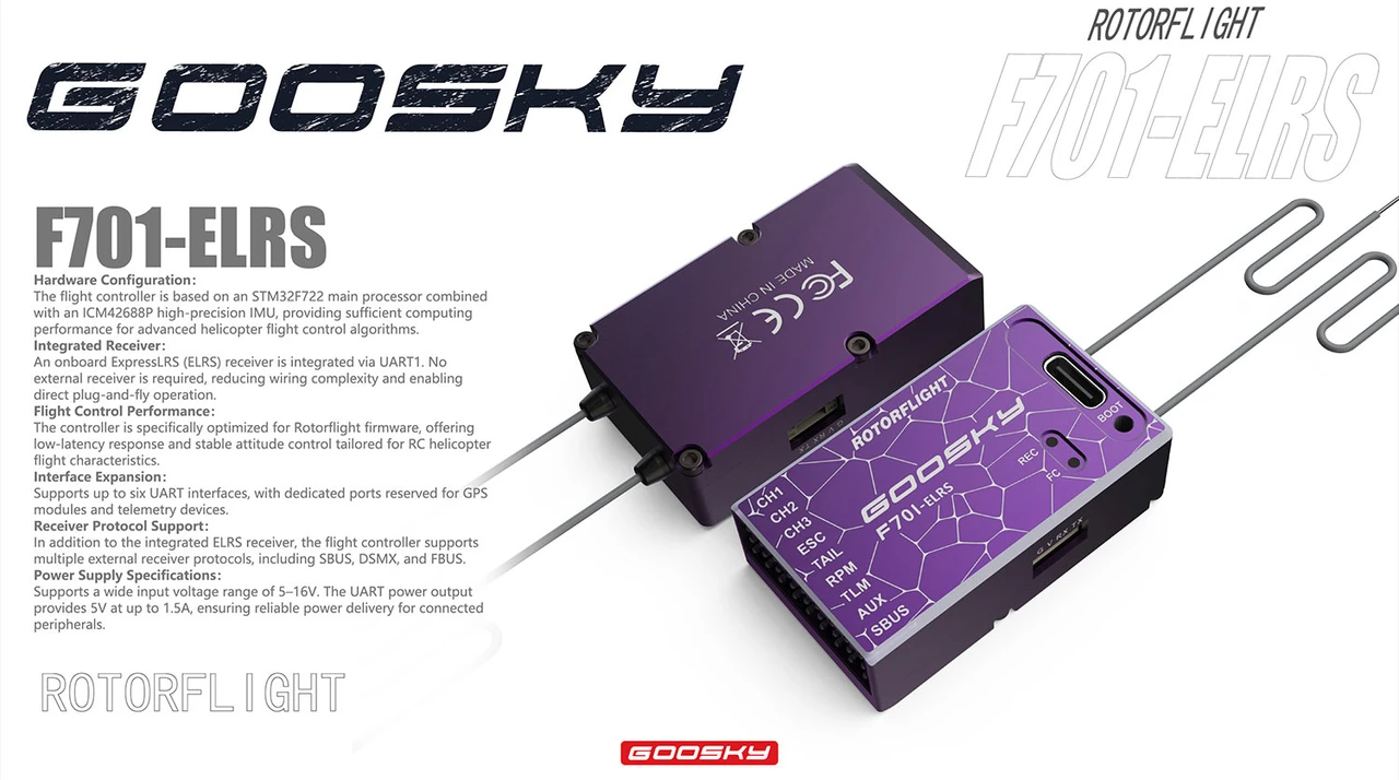 Goosky F701 ELRS Flight Controller Module for Over 500 Class RC helicopters