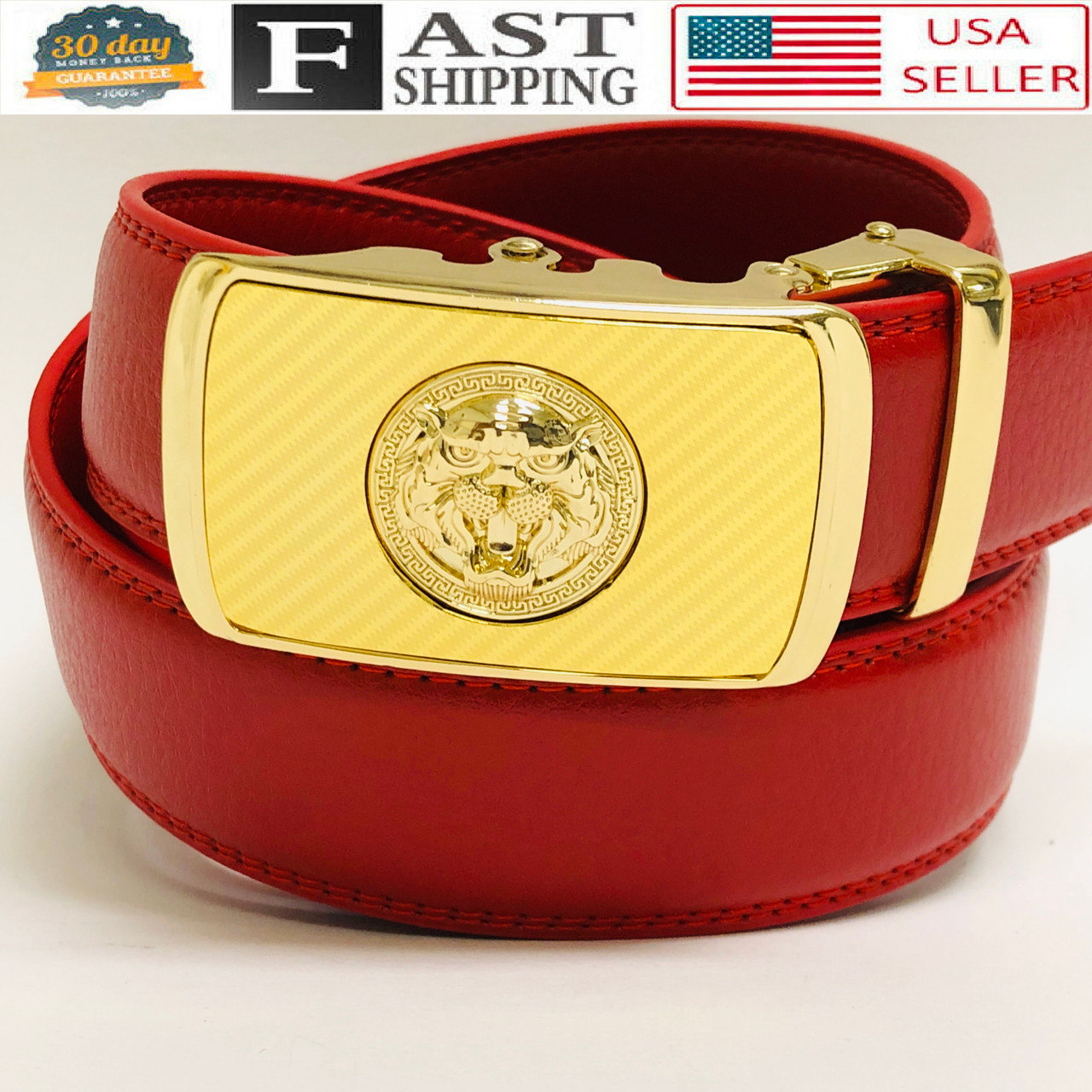 Designer Men Belt Gold Square Lion Head Metal Buckle Automatic Slide  Ratchet Leather Belt