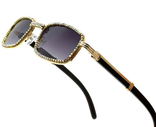 Hip-Hop Rapper Glasses Shades Wood Temple Square Rectangular Shape Metal Gold Frame Diamond Bling Rhinestones Ice Sunglasses Clear Glasses