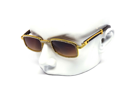 Hip Hop Rapper Brown Glasses Shades Wood Temple Square Rectangular Shape Metal Gold Frame Diamond Bling Rhinestones Ice Sunglasses