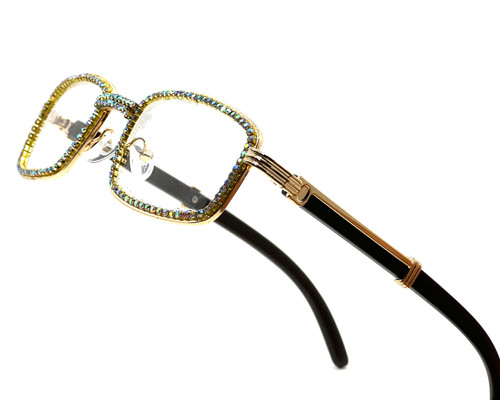 Hip-Hop Rapper Glasses Shades Wood Temple Square Rectangular Shape Metal Gold Frame Diamond Bling Rhinestones Ice Sunglasses Clear Glasses