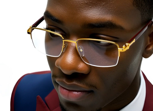 gold frame glasses, half rim eyeglasses, wood temple glasses, rectangular eyeglasses, men's eyeglasses, fashion glasses, stylish eyeglasses, gold and wood glasses, designer eyeglasses, mens accessories, eyewear, reading glasses, new eyeglasses