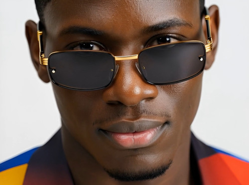 rimless sunglasses, rectangle sunglasses, wood grain sunglasses, men's sunglasses, brown lens sunglasses, gold sunglasses, fashion sunglasses, designer sunglasses, stylish sunglasses, mens eyewear, sun protection, outdoor sunglasses