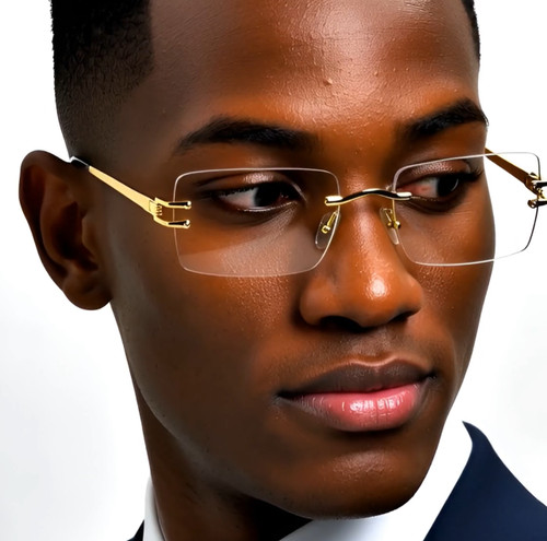 rimless sunglasses, gold sunglasses, rectangle sunglasses, men's sunglasses, fashion sunglasses, designer sunglasses, luxury sunglasses, gold accents, modern sunglasses, stylish sunglasses, sun glasses, Men accessories, eyewear, shade, summer style