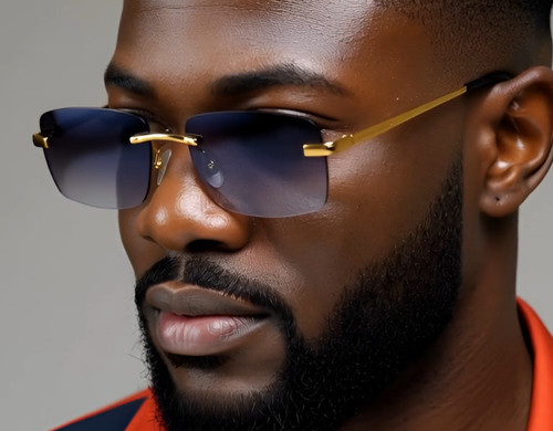 rimless sunglasses, gold frame sunglasses, pink lens sunglasses, UV400 sunglasses, fashion sunglasses, rectangle sunglasses, gradient lens, sun protection, eyewear, designer sunglasses, stylish sunglasses, summer accessories, rimless shades