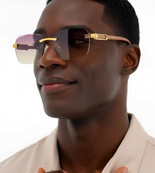 rimless sunglasses, gradient lens, wood grain sunglasses, fashion sunglasses, women's sunglasses, men's sunglasses, designer sunglasses, luxury sunglasses, purple sunglasses, gold sunglasses, stylish sunglasses, rimless eyewear, fashion eyewear