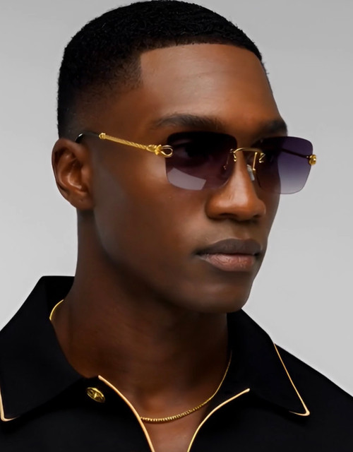 rimless sunglasses, rectangle sunglasses, blue lens sunglasses, gold frame sunglasses, fashion sunglasses, mens sunglasses, men sunglasses, designer sunglasses, gradient lens, eyewear, sun protection, stylish sunglasses, summer accessories