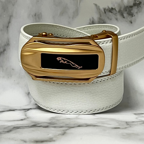Men's Designer Leather Gold Sliding Ratchet Car Buckle Belt Click Locked