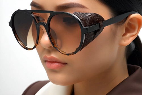 Stylish aviator sunglasses featuring a unique steampunk-inspired design. These shades boast a classic aviator shape with a modern twist, incorporating distinctive side shields for added flair and sun protection. The brown gradient lenses offer a cool, vintage aesthetic while providing UV protection. These sunglasses are perfect for adding a touch of retro charm to your everyday look, or for completing a steampunk-themed outfit. Ideal for music festivals, outdoor adventures, or simply making a bold fashion statement.