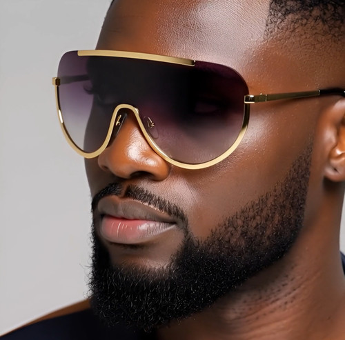 shield sunglasses, oversized sunglasses, one piece lens, gold frame sunglasses, fashion sunglasses, visor sunglasses, rimless sunglasses, statement sunglasses, festival sunglasses, futuristic sunglasses, designer inspired, trendy sunglasses