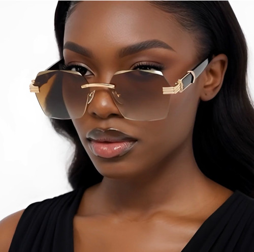 rimless sunglasses, gradient lens, wood grain sunglasses, fashion sunglasses, women's sunglasses, men's sunglasses, designer sunglasses, luxury sunglasses, purple sunglasses, gold sunglasses, stylish sunglasses, rimless eyewear, fashion eyewear