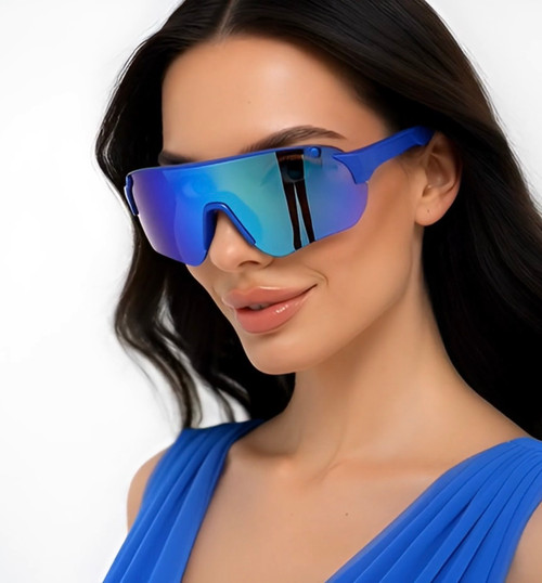 Women Sports  Cycling Blue Lens Sunglasses Oversize Single Lens Mirrored Shades