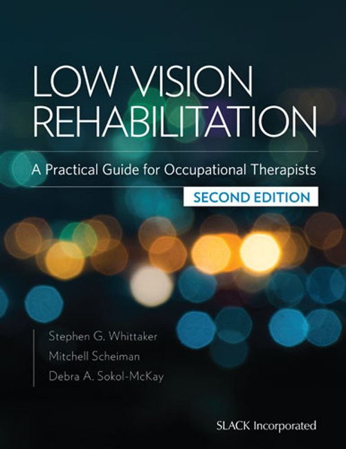 Low Vision Rehabilitation cover with dark blue background and blurry images of dots