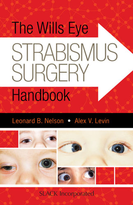 Red and white cover of The Wills Eye Strabismus Surgery Handbook accented with images of children's eyes