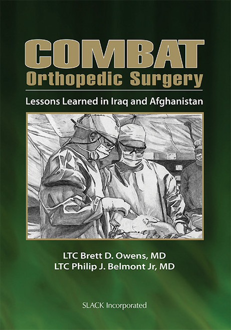 Green cover for Combat Orthopedic Surgery with sketch image of two surgeons working in a tent