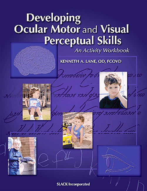 Cover for Developing Ocular Motor and Visual Perceptual Skills with purple background, photos, and handwriting