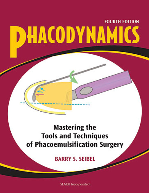 Maroon animated imagery on cover for Phacodynamics: Mastering the Tools and Techniques of Phacoemulsification Surgery, Fourth Edition