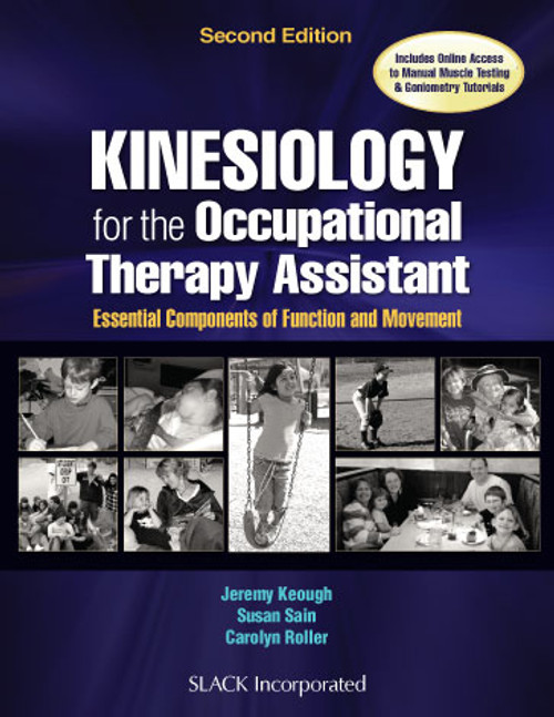 Cover for Kinesiology for the Occupational Therapy Assistant with dark blue background and black and white photos