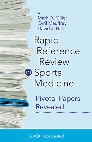 Blue cover for Rapid Reference Review in Sports Medicine with image of a stack of books