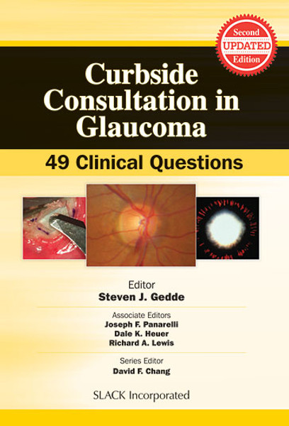 Yellow cover with eye imagery for Curbside Consultation in Glaucoma: 49 Clinical Questions, Second Edition