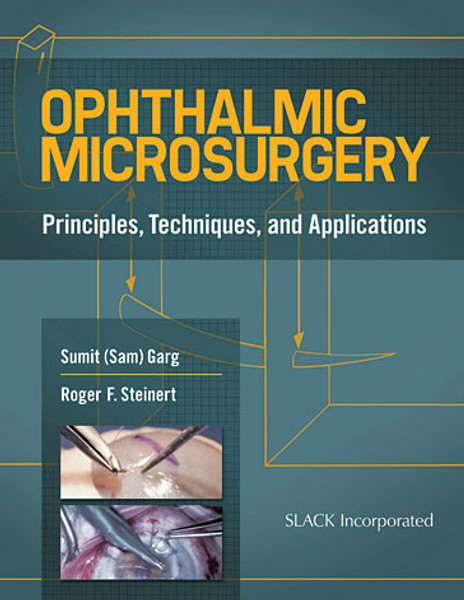 Green and yellow cover with eye images for Ophthalmic Microsurgery: Principles, Techniques, and Applications
