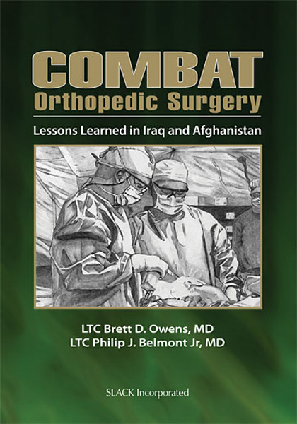 Green cover for Combat Orthopedic Surgery with sketch image of two surgeons working in a tent