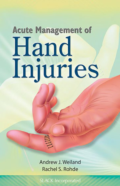 Green cover for Acute Management of Hand Injuries with drawing of a hand with stitches