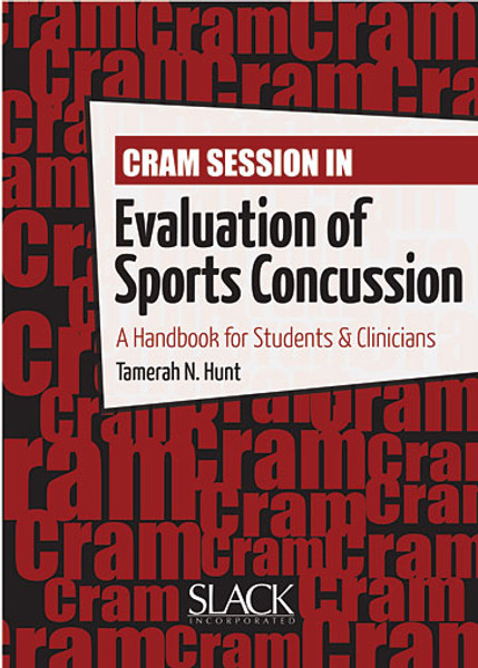 Red cover for Cram Session in Evaluation of Sports Concussion with the word cram repeating in the background