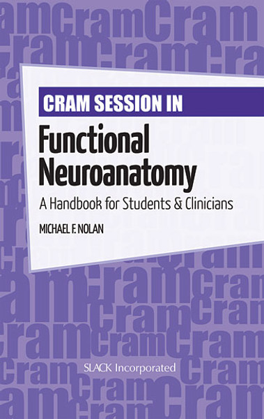 Purple cover for Cram Session in Functional Neuroanatomy with the word cram repeating over background