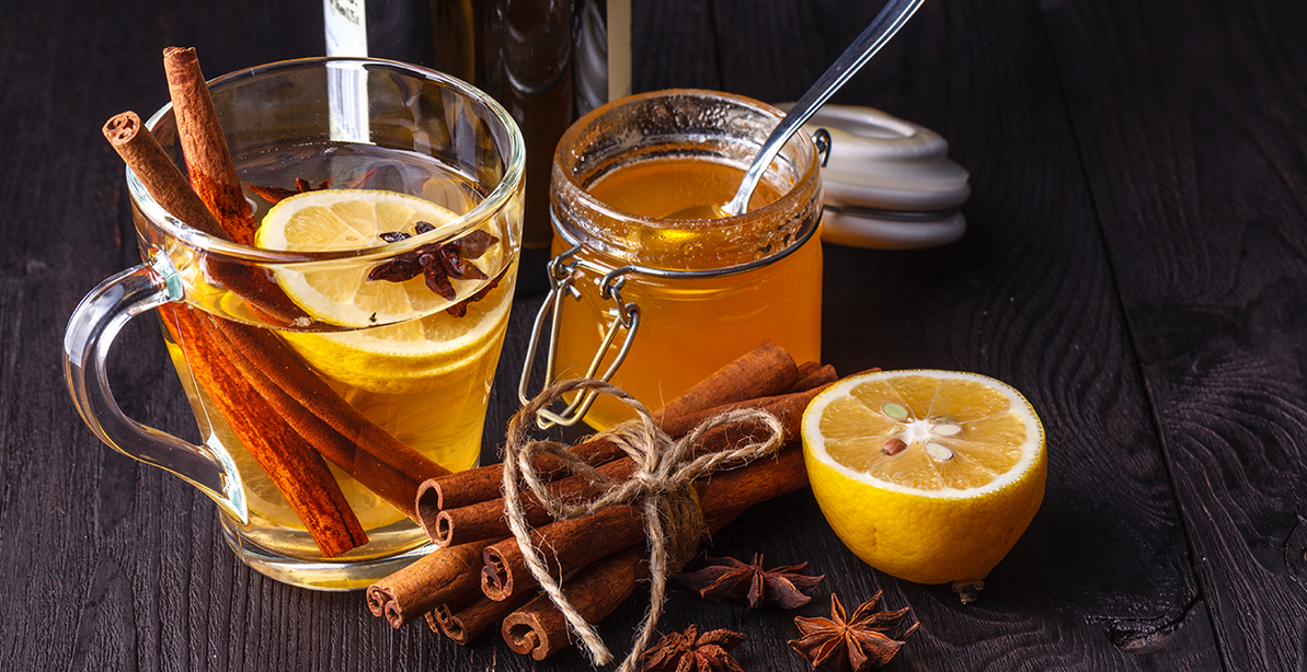 Traditional warm hot toddy ingredients.