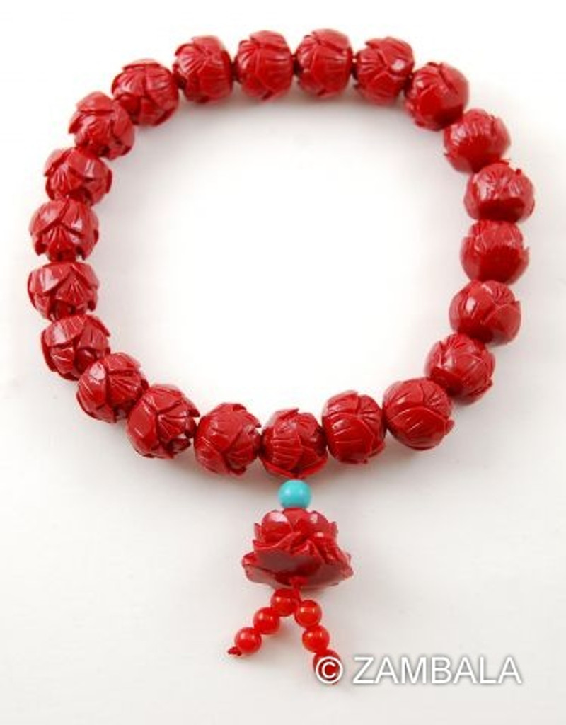 Carved Lotus Colored Coral, 22 beads