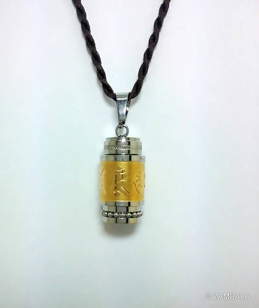 Spinning prayer wheel pendant with gold color 6 syllable mantra.