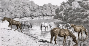 "Local Watering Hole” Black & White mini reproduction by Bernie Brown