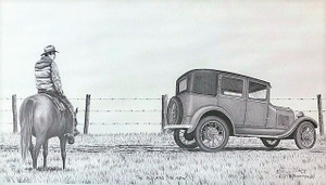 "Old and the New" Horse and Ford | Black & White Print by Bernie Brown "Old and the New" Horse and Ford | Black & White Print by Bernie Brown