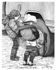 "Boys Will Be Boys" Black & White mini reproduction by Bernie Brown "Boys Will Be Boys" Black & White mini reproduction by Bernie Brown