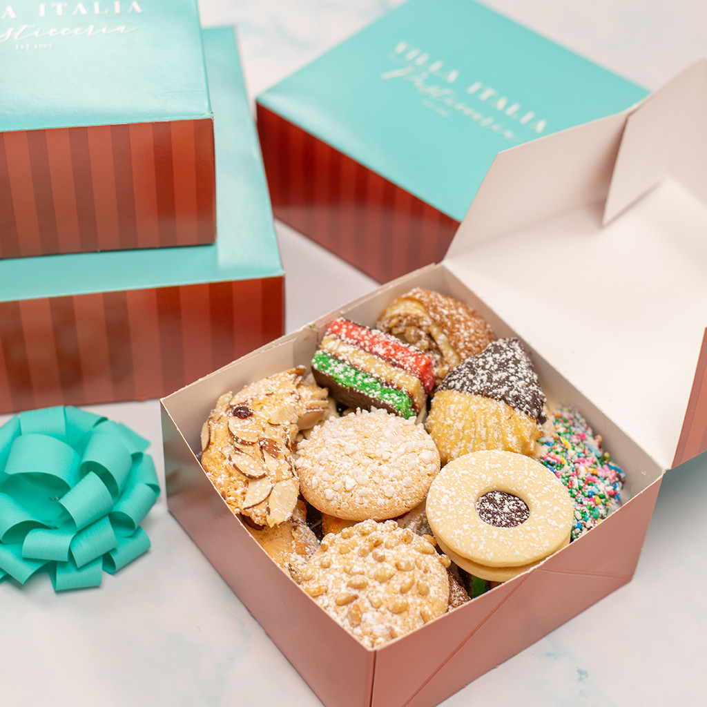 Gourmet Italian cookie assortment gift box – Villa Italia Bakery’s fresh-baked selection of rainbow cookies, sprinkle cookies, almond cookies, and classic Italian pastries in elegant packaging, ideal for gifts, holidays, and nationwide delivery.