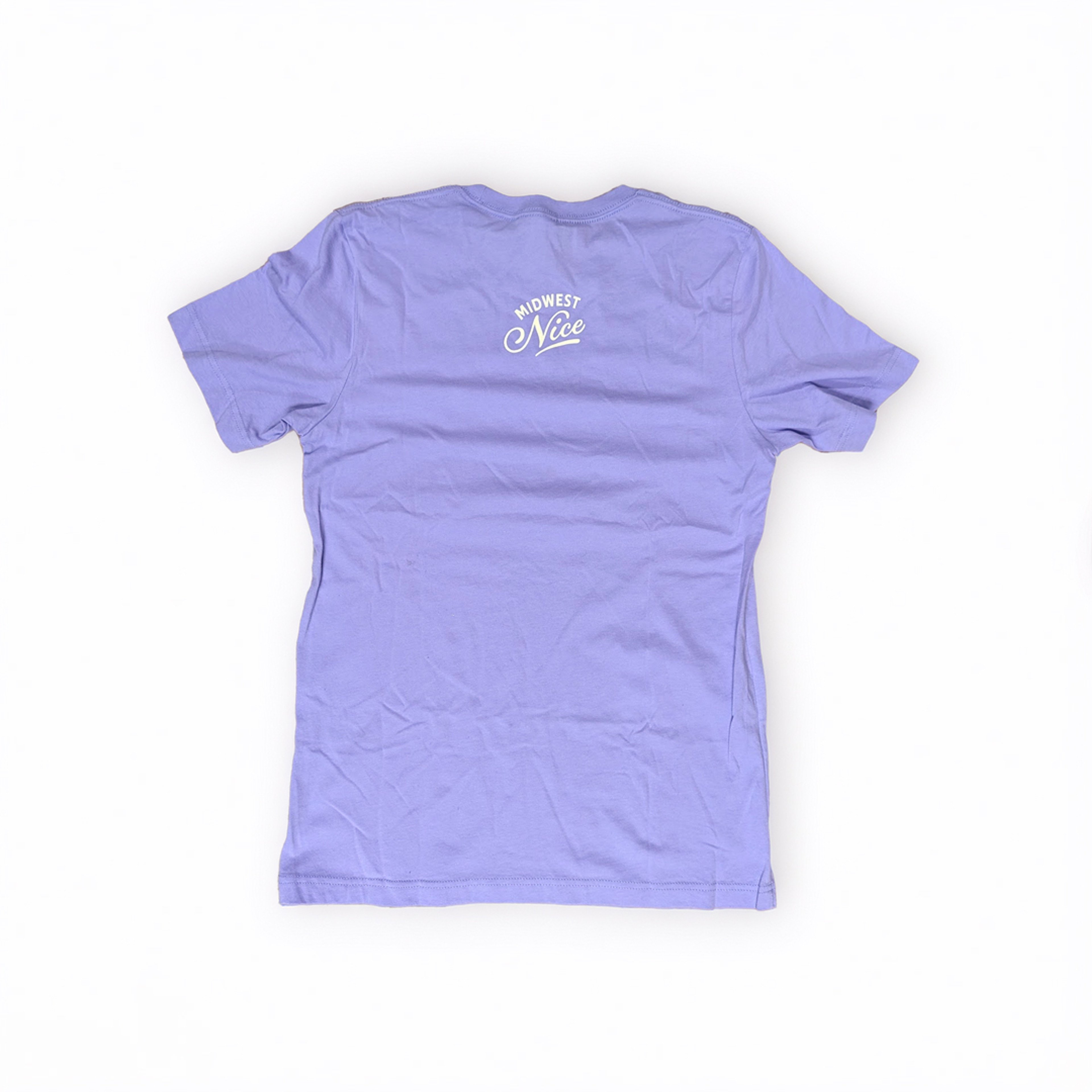 Back of lavender Ope! t-shirt against a white backdrop