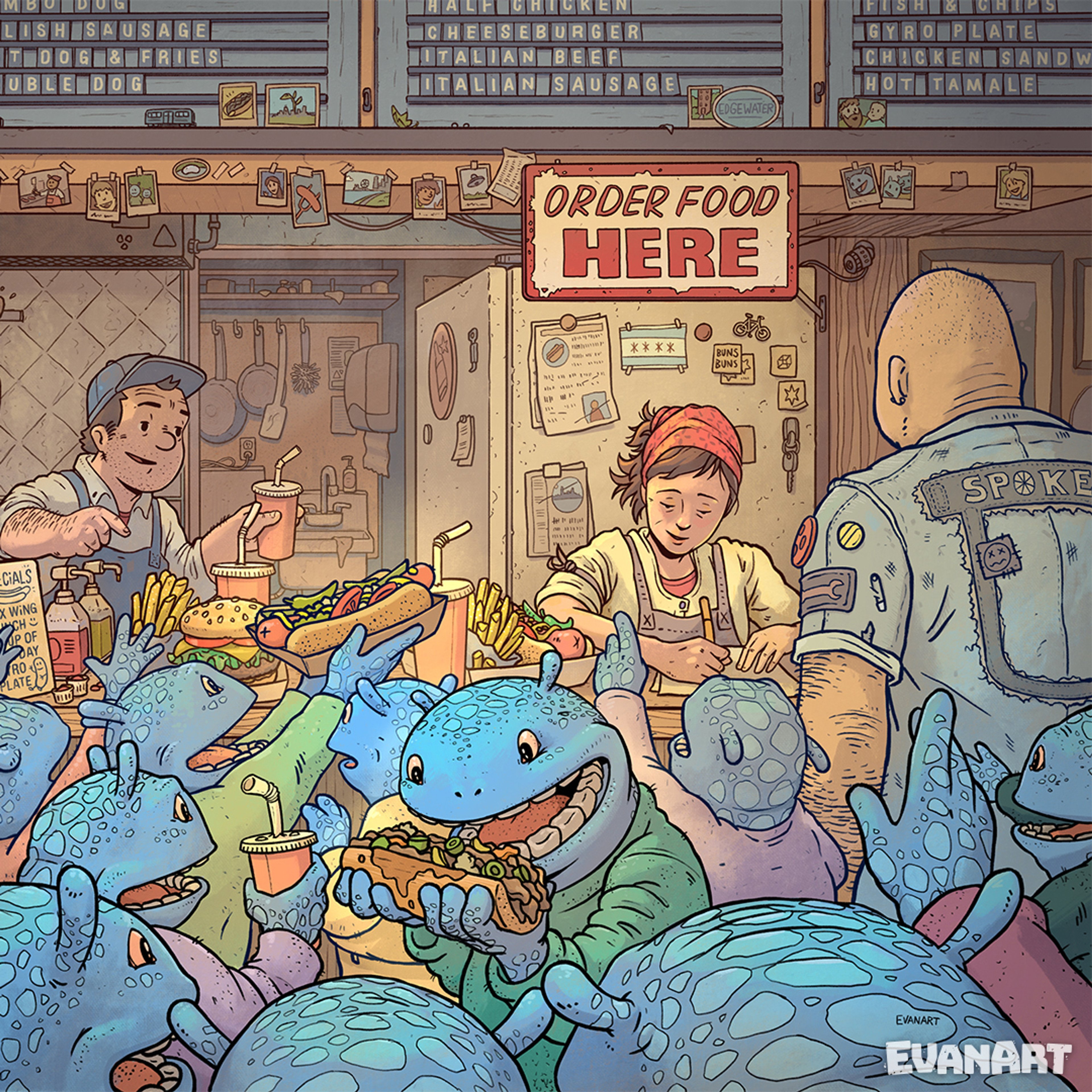 Lunch Rush Fine Art Print by Evan Miller featuring a busy scene inside a restaurant with fantastical creatures, inspired by Chicago's Patio Beef.