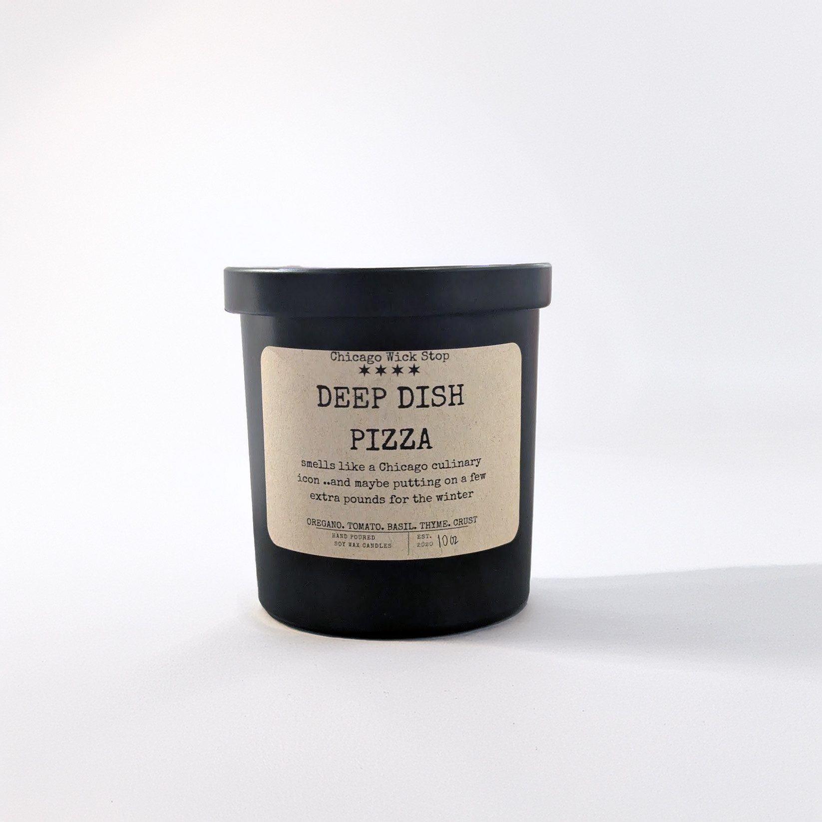 "Deep Dish Pizza" 10oz candle with fragrance notes Oregano, Tomato, Basil, Thyme, Crust.