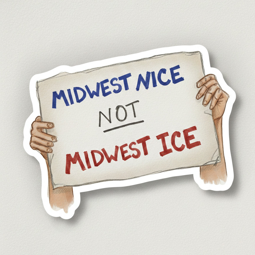 Hand-drawn sticker design of hands holding a sign that reads “Midwest Nice Not Midwest Ice” in blue, black, and red lettering.