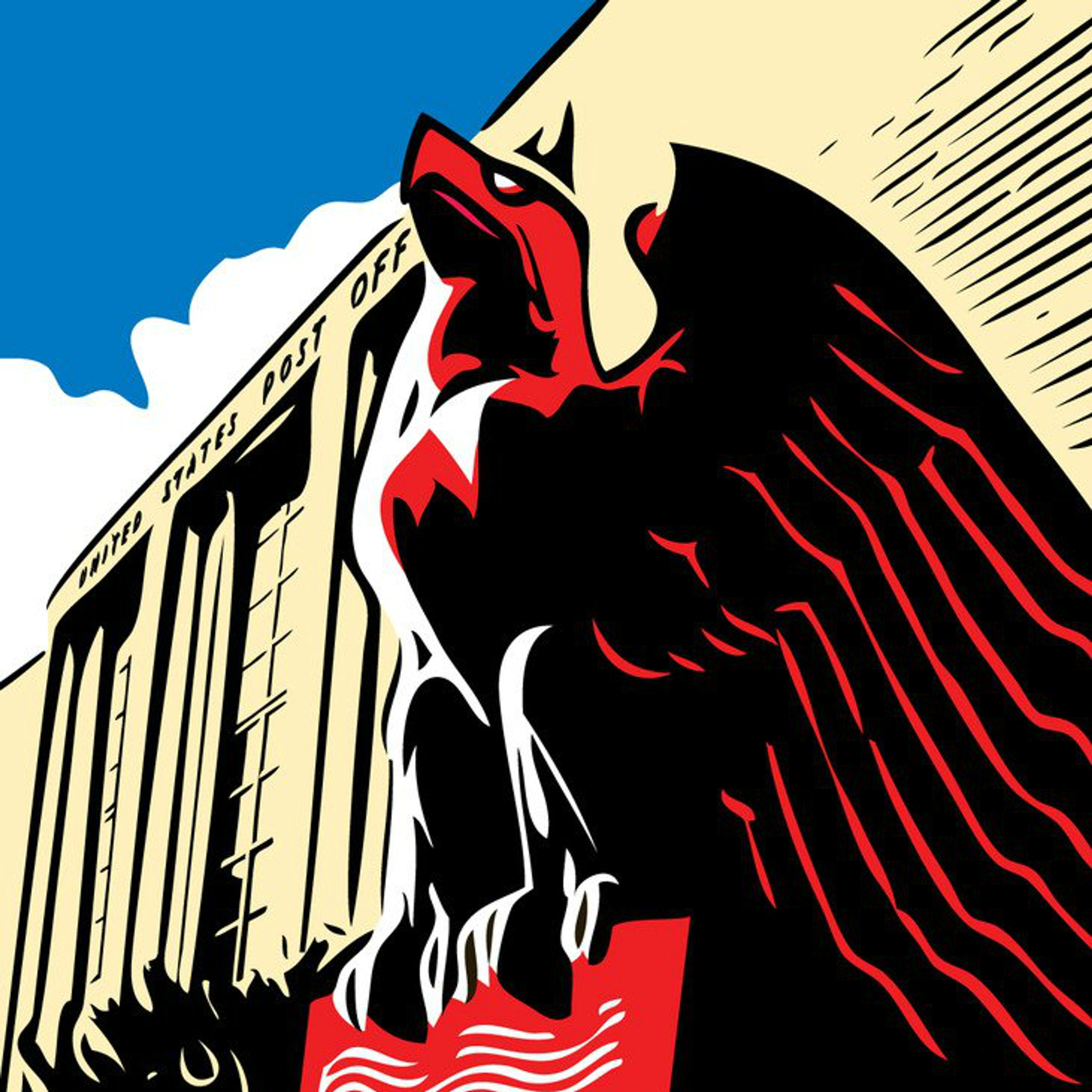 Sharply-chiseled eagle sculpture outside the Uptown Station Post Office.