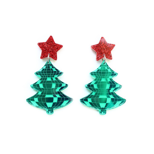 Acrylic Green and Red Disco Tree Earrings