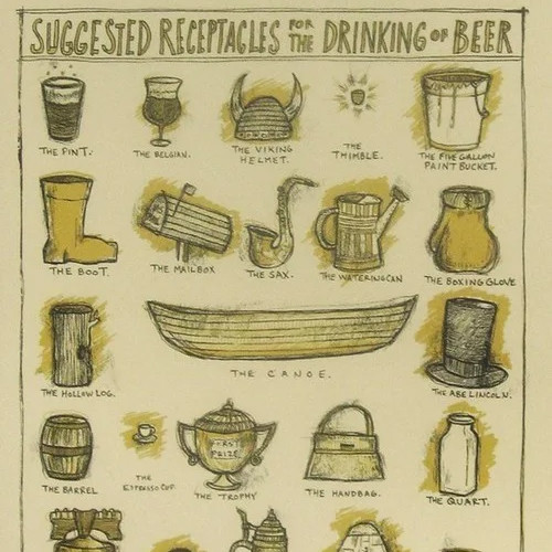 Serious print depicting the various ways of consuming fine beer and ales.