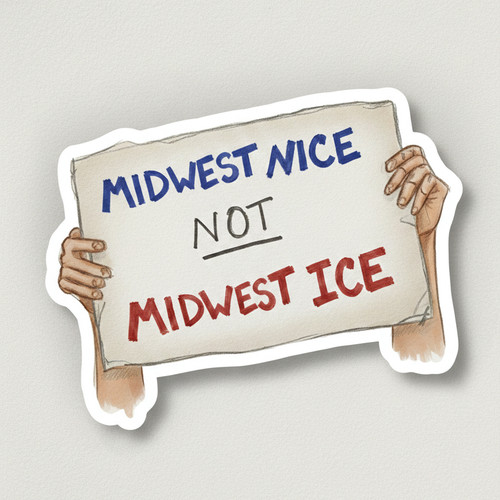 Hand-drawn sticker design of hands holding a sign that reads “Midwest Nice Not Midwest Ice” in blue, black, and red lettering.